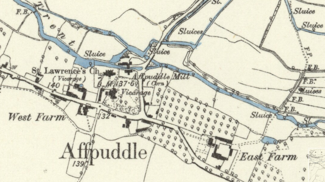 Early close-up map of parish church, mill and farms.